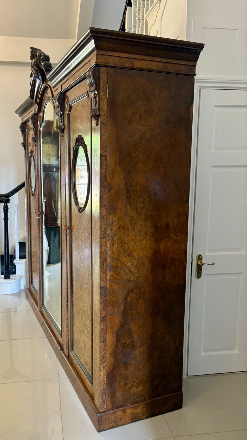 Outstanding Quality Large Antique Victorian Unusual Carved Burr Walnut 3 Door Wardrobe - Image 6
